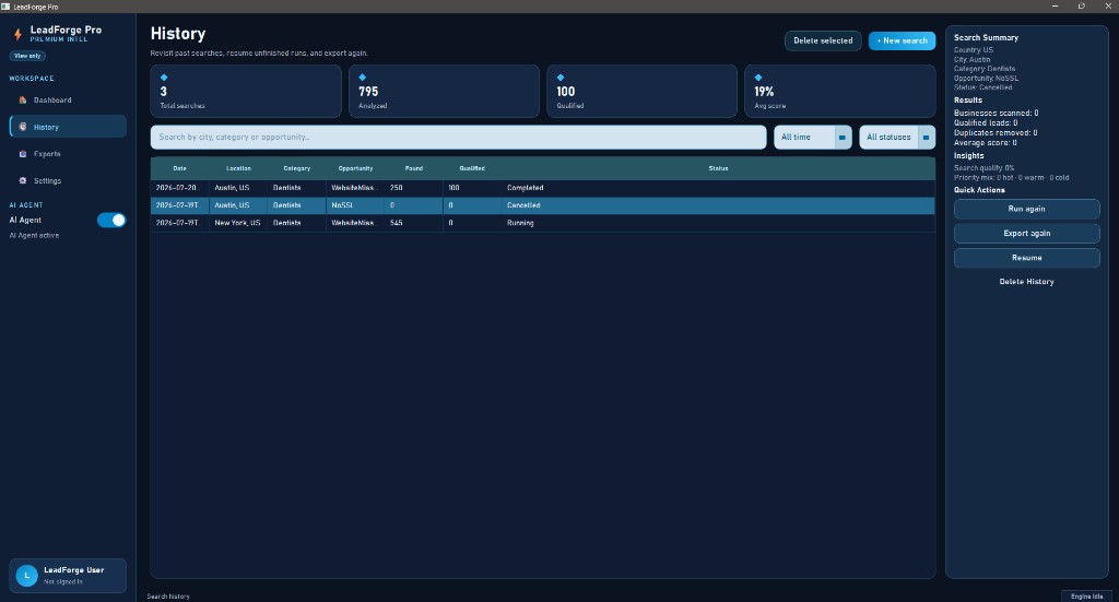 LeadForge Pro search history screen