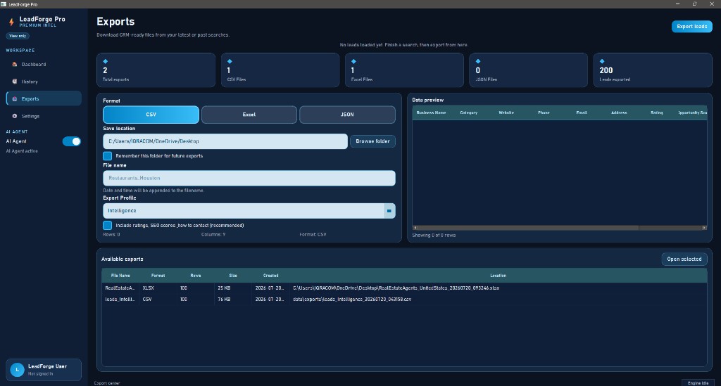 LeadForge Pro export center