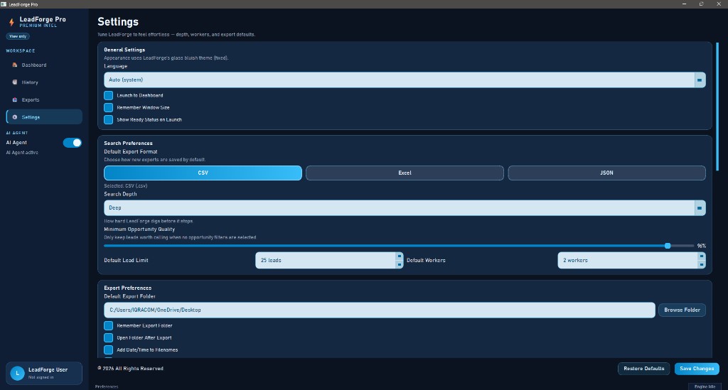 LeadForge Pro settings screen