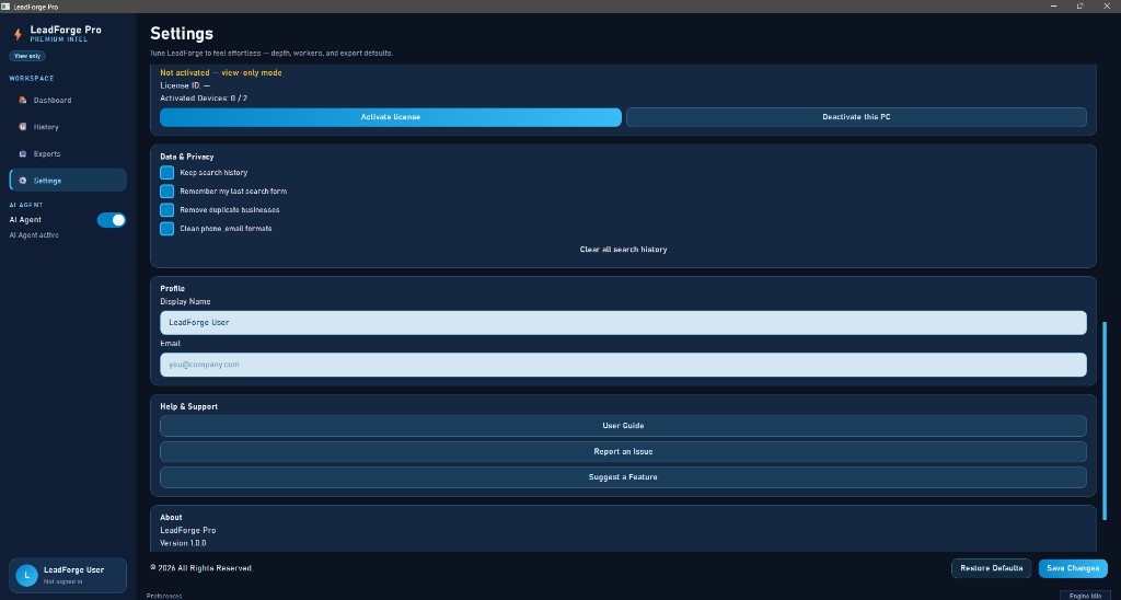 LeadForge Pro license activation screen